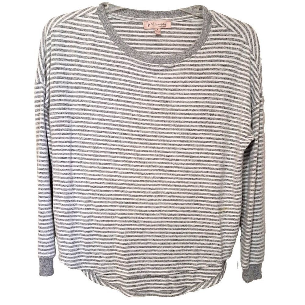 Philosophy S Gray/White Stripe Round Neck 3/4 Sleeve Pullover Sweater